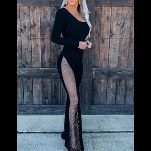 Black One-shoulder Gem Rhinestone Accent Flare Bottom Jumpsuit